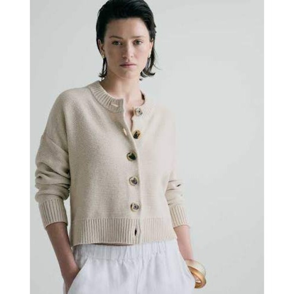 Quince 100% Organic Cotton Cropped Cardigan Speckled Beige S